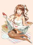  bad_id bad_pixiv_id bangs basket blush bow breasts brown_hair can choker cleavage collarbone dress dress_lift food full_body garter_straps high_heels highres holding holding_food hot_dog idolmaster idolmaster_cinderella_girls jolaeng-i ketchup ketchup_bottle large_breasts long_hair looking_at_viewer parted_lips picnic picnic_basket pink_background pink_choker plate shimamura_uzuki simple_background sitting smile soda_can solo stain stained_clothes star stiletto_heels strap sweatdrop teeth thighhighs wavy_hair white_bow yokozuwari 
