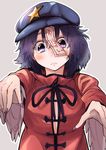  :&lt; beret blush breasts cleavage expressive_clothes fingernails foreshortening hat highres large_breasts long_fingernails looking_at_viewer miyako_yoshika ofuda outstretched_arms purple_eyes purple_hair red_shirt ribbon shirt short_hair simple_background solo star touhou translated waira 