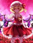  blonde_hair evil_grin evil_smile flandre_scarlet flower frilled_skirt frills grin hat highres laevatein mob_cap moon nail_polish open_hand petals puffy_short_sleeves puffy_sleeves red_eyes red_moon red_nails rose sheya shirt short_hair short_sleeves skirt smile solo touhou vest wings 