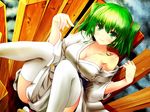 breasts bucket cleavage collarbone fukunaga_kazuhiro green_eyes green_hair highres in_bucket in_container japanese_clothes kimono kisume large_breasts looking_at_viewer obi off_shoulder older sash scrunchie smile solo thighhighs thighs touhou twintails white_legwear wooden_bucket yukata 