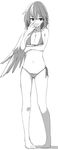  bare_arms bare_legs bare_shoulders barefoot bikini blush braid breast_hold breasts cleavage closed_mouth collarbone covering_face embarrassed french_braid frown full_body greyscale kamukamu_(ars) kishin_sagume large_breasts legs_apart looking_at_viewer midriff monochrome navel ribbon short_hair side-tie_bikini single_wing solo standing stomach swimsuit touhou tsurime white_background wings 