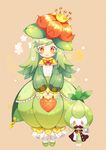  1girl bad_id bad_pixiv_id bag bow bowtie clover crown cup dress facial_hair flower gen_5_pokemon green_dress green_hair hair_flower hair_ornament handbag heart honeydelight lilligant monocle mustache orange_eyes personification petilil plate pokemon pokemon_(creature) polka_dot polka_dot_background slippers smile steam teacup towel 