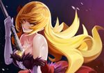  bakemonogatari between_breasts blonde_hair breasts dress goomrrat kiss-shot_acerola-orion_heart-under-blade large_breasts long_hair monogatari_(series) solo sword weapon yellow_eyes 