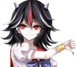  bad_id bad_pixiv_id black_hair black_nails bracelet dress fangs highres horns jewelry kijin_seija multicolored_hair nail_polish puffy_short_sleeves puffy_sleeves red_eyes red_hair sheya short_hair short_sleeves smile solo streaked_hair thumbs_down touhou white_hair 