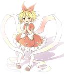  ayana_(touhou) bad_id bad_pixiv_id blonde_hair bow commentary_request dress ellipsis_(mitei) full_body hairband hands_together highres mary_janes no_nose popped_collar puffy_short_sleeves puffy_sleeves red_dress red_ribbon ribbon shawl shoes short_hair short_sleeves solo touhou touhou_(pc-98) white_bow white_legwear yellow_eyes 