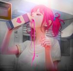  bangs blinds carton drinking fingernails half-closed_eyes heart indoors kitchen mujiha original pink_hair ponytail shirt short_sleeves sidelocks solo t-shirt upper_body window 