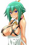 aquarion_(series) aquarion_evol blue_eyes blush breasts commentary_request covered_nipples green_hair grin hair_ribbon konno_tohiro large_breasts looking_at_viewer revealing_clothes ribbon short_hair sleeveless smile solo sweat upper_body zessica_wong 
