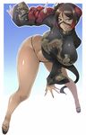  breasts brown_hair chinese_clothes cleavage copyright_request curvy dark_skin gradient_hair green_eyes haganef huge_breasts large_breasts looking_at_viewer multicolored_hair panties parted_lips red_hair short_hair smile solo wide_hips 