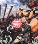  ass bare_shoulders battle battleship_hime black_dress black_gloves black_legwear bol_(liliymimi) breasts budget_sarashi cannon cleavage commentary_request dress duel gloves glowing glowing_eyes headgear highres kantai_collection large_breasts machinery multiple_girls musashi_(kantai_collection) oni_horns panties sarashi shinkaisei-kan short_dress smile thigh_strap thighhighs torn_clothes torn_legwear turret underboob underwear white_panties wristband 