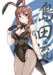  animal_ears bad_id bad_pixiv_id bow bowtie brown_eyes brown_hair bunny_ears bunnysuit coattails detached_collar emblem fishnet_pantyhose fishnets girls_und_panzer gloves highres long_hair pantyhose selection_university_(emblem) shimada_chiyo solo standing vest wan'yan_aguda wrist_cuffs 