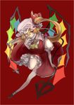  asymmetrical_hair azanaya_nie blonde_hair clenched_teeth cravat crazy crazy_eyes flandre_scarlet frilled_skirt frills full_body grin hair_between_eyes hair_ribbon hat laevatein leg_up long_hair mob_cap red_background red_ribbon red_skirt ribbon side_ponytail simple_background skirt skirt_set smile solo teeth touhou very_long_hair white_hat wings 