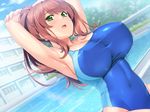  :o arched_back armpits arms_behind_head blue_sky blue_swimsuit blush breasts brown_hair building cleavage cloud collarbone competition_swimsuit covered_navel covered_nipples day dutch_angle earrings eyebrows eyebrows_visible_through_hair fingernails flower_earrings forest game_cg green_eyes house inosaki_mako jewelry large_breasts long_hair looking_at_viewer mochizuki_nozomu nature one-piece_swimsuit open_mouth outdoors plant ponytail pool round_teeth saimin_class_wonderful side_ponytail sitting skin_tight sky solo swimsuit tareme teeth tree water 