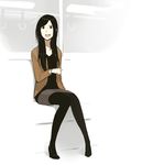  black_eyes black_hair black_legwear commentary_request ground_vehicle high_heels highres long_hair open_mouth original pantyhose pigeon-toed poaro sitting skirt solo train_interior 