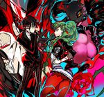  1girl amamiya_ren amamiya_ren_(cosplay) arsene_(persona_5) black_hair breasts c.c. carmen_(persona_5) code_geass collar cosplay creayus drill_hair fukuyama_jun green_hair grin hair_ornament hand_on_hip lelouch_lamperouge long_hair mask medium_breasts persona persona_5 purple_eyes red_legwear school_uniform seiyuu_connection shuujin_academy_uniform smile takamaki_anne takamaki_anne_(cosplay) twin_drills twintails yellow_eyes 