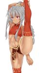  abs bare_shoulders braid crop_top dark_skin flat_chest grey_hair highres leg_up legs midriff original orochi_itto red_eyes sidelocks silver_hair single_braid solo split standing standing_on_one_leg standing_split stomach stretch thighhighs toned 