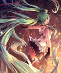  absurdly_long_hair floating_hair from_behind gloves green_eyes green_hair hatsune_miku headphones long_hair outstretched_arms shingeki_no_bahamut skirt solo spread_arms tachikawa_mushimaro thighhighs twintails very_long_hair vocaloid 