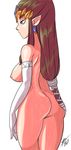  1girl ass bigdead93 blue_eyes breasts brown_hair cowboy_shot earrings elbow_gloves from_behind gloves jewelry long_hair nipples nude princess_zelda side_boob simple_background solo the_legend_of_zelda the_legend_of_zelda:_twilight_princess tiara 