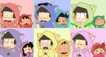  boo-chan cat_ears crayon_shin-chan crossover eyebrows highres hood hoodie kazama_tooru matsuno_choromatsu matsuno_ichimatsu matsuno_juushimatsu matsuno_karamatsu matsuno_osomatsu matsuno_todomatsu nohara_shinnosuke one_eye_closed osomatsu-kun osomatsu-san otome_(otomememe4649) sakurada_nene satou_masao sextuplets smile sunglasses suotome_ai thick_eyebrows 