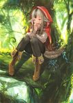 animal_ears black_hair blush boots brown_footwear cross-laced_footwear fire_emblem fire_emblem_cipher fire_emblem_if grey_hair hood hoodie lace-up_boots leaf long_hair marue multicolored_hair official_art open_mouth red_eyes sitting solo sparkle tail tree two-tone_hair velour_(fire_emblem_if) wolf_ears wolf_tail 