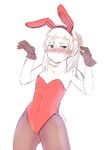  animal_ears blonde_hair blush bunny_ears bunnysuit colorized embarrassed flat_chest gloves green_eyes highres maka_albarn pantyhose solo soul_eater twintails 