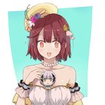  2girls atelier_(series) atelier_sophie bad_id bad_pixiv_id bare_shoulders between_breasts breasts brown_eyes brown_hair chibi collarbone green_eyes hair_ornament hat jewelry maromi_(am97) minigirl multiple_girls necklace open_mouth person_between_breasts plachta silver_hair smile sophie_neuenmuller upper_body yuri 