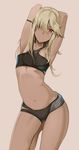  armpits arms_up bad_id bad_pixiv_id bikini blonde_hair collarbone dark_skin hair_over_one_eye koko_shiguma leg_up long_hair looking_at_viewer navel one_eye_closed original red_eyes simple_background solo sports_bikini standing standing_on_one_leg swimsuit 