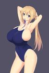  adjusting_hair armpits black_background blonde_hair blue_eyes breasts bursting_breasts cleavage competition_school_swimsuit covered_navel gigantic_breasts highres kawakami_mai light_smile long_hair looking_at_viewer mouth_hold musaigen_no_phantom_world nehani_(tworship) one-piece_swimsuit ponytail ribbon ribbon_in_mouth school_swimsuit sideboob simple_background solo swimsuit thighs tying_hair 
