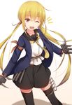  bangs black_skirt blonde_hair commentary_request cuon_(kuon) eyebrows_visible_through_hair jacket kantai_collection long_hair long_sleeves looking_at_viewer low_twintails one_eye_closed open_mouth remodel_(kantai_collection) satsuki_(kantai_collection) school_uniform serafuku skirt smile solo turret twintails yellow_eyes 