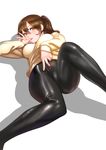  absurdres blush breasts brown_eyes brown_hair cameltoe finger_licking highres kaga_(kantai_collection) kantai_collection leather leather_pants licking looking_at_viewer lying medium_breasts on_back pants side_ponytail solo sweater tight tight_pants zymv587 