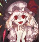  artist_name bad_id bad_pixiv_id blonde_hair fangs fingernails flandre_scarlet hands_up hat hat_ribbon head_tilt looking_at_viewer mob_cap mochacot red_eyes red_vest ribbon shirt short_hair side_ponytail smile solo tongue touhou upper_body vampire vest white_shirt wings 