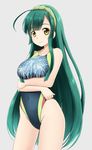  ahoge alternate_costume bangs blush breast_hold breasts closed_mouth competition_swimsuit covered_navel cowboy_shot crossed_arms eyebrows eyebrows_visible_through_hair fireworks_print fuuma_nagi green_hair green_hairband grey_background hairband highleg highleg_swimsuit large_breasts long_hair looking_at_viewer one-piece_swimsuit simple_background smile solo standing swimsuit touhoku_zunko very_long_hair vocaloid voiceroid yellow_eyes 