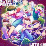  \m/ bottle bowl_cut brothers brown_hair capri_pants earrings electric_guitar english guitar heart heart_in_mouth highres instrument jewelry male_focus matsuno_choromatsu matsuno_ichimatsu matsuno_juushimatsu matsuno_karamatsu matsuno_osomatsu matsuno_todomatsu microphone multiple_boys osomatsu-kun osomatsu-san pants sandals sextuplets shirt shoes shorts show_chiku-by siblings smile sneakers sunglasses t-shirt towel water_bottle wristband 