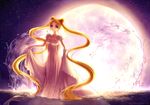  absurdly_long_hair backlighting bishoujo_senshi_sailor_moon blonde_hair blue_eyes chanzie crescent double_bun dress earrings facial_mark forehead_mark jewelry long_dress long_hair moon princess_serenity skirt_hold sky solo standing standing_on_liquid star_(sky) starry_sky tsukino_usagi twintails very_long_hair water watermark web_address white_dress 