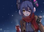  :o breath can canned_coffee earmuffs eyepatch kantai_collection konkito purple_hair scarf short_hair snowing solo tenryuu_(kantai_collection) twitter_username 