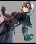  armor armored_dress black_capelet blonde_hair breasts capelet dark_persona fate/grand_order fate_(series) gauntlets headpiece jeanne_d'arc_(alter)_(fate) jeanne_d'arc_(fate)_(all) medium_breasts rain_(nadroj31) short_hair smile solo thighhighs weapon yellow_eyes 