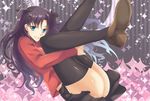  arimoto_(ldpg) ass brown_hair fate/stay_night fate_(series) green_eyes leg_hold long_legs shoes skirt smile solo thighhighs thighs toosaka_rin two_side_up 