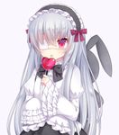  amashiro_natsuki animal_ears backpack bag bow bunny_ears candy eyepatch food frilled_sleeves frills hairband juliet_sleeves lolita_fashion lolita_hairband lollipop long_hair long_sleeves original puffy_sleeves red_eyes shirt silver_hair skirt sleeves_past_wrists solo tongue tongue_out very_long_hair 