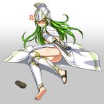  anger_vein athena_(p&amp;d) barefoot blush cum cum_on_body cum_on_lower_body gradient gradient_background green_hair long_hair puzzle_&amp;_dragons red_eyes sandals shoes single_shoe solo wavy_mouth zaxwu 