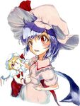  bad_id bad_pixiv_id blonde_hair clothes_grab flandre_scarlet from_above hat holding looking_at_viewer marker_(medium) mob_cap multiple_girls one_eye_closed perspective purple_hair red_eyes remilia_scarlet shiratama_(hockey) short_hair siblings sisters skirt skirt_set touhou traditional_media wince 