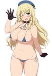  atago_(kantai_collection) beret bikini black_gloves blonde_hair blue_bikini blue_eyes blush breasts collar collarbone cowboy_shot curvy gloves hat kantai_collection large_breasts long_hair looking_at_viewer micro_bikini navel one_eye_closed open_mouth plump sama_samasa side-tie_bikini simple_background skindentation smile solo standing swimsuit thighs waving white_background 