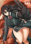  black_footwear black_gloves black_hair bol_(liliymimi) boots bow bowtie breasts chikuma_(kantai_collection) commentary_request foreshortening gloves green_eyes highres huge_breasts kantai_collection long_hair long_skirt looking_at_viewer pelvic_curtain puffy_short_sleeves puffy_sleeves remodel_(kantai_collection) short_sleeves single_glove skirt smile solo 