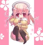  blush breasts chibi commentary_request headphones large_breasts long_hair looking_at_viewer miki_souya nitroplus no_pants open_mouth panties pink_eyes pink_hair smile solo super_sonico thighhighs underwear 