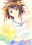  :d agahari bangs bare_shoulders blush breasts brown_eyes brown_hair cheerleader collarbone colored_pencil_(medium) crop_top hair_ribbon hairband looking_at_viewer medium_breasts navel open_mouth orange_hairband paint_(medium) pom_poms ribbon shiny shiny_hair short_hair smile solo suzumiya_haruhi suzumiya_haruhi_no_yuuutsu traditional_media 