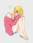  arakawa_(aintnoroom) black_bra blonde_hair bra breasts cleavage green_eyes heart idolmaster idolmaster_cinderella_girls knees_up looking_at_viewer medium_breasts miyamoto_frederica short_hair sitting slippers smile solo spoken_heart sweater underwear 