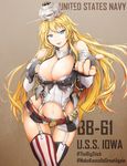  american_flag_panties areola_slip areolae blonde_hair blue_eyes breasts cleavage fingerless_gloves foreshortening gloves highres hiroki_ree iowa_(kantai_collection) kantai_collection large_breasts long_hair make_america_great_again panties pantyshot side-tie_panties solo star star-shaped_pupils symbol-shaped_pupils thighhighs underwear wide_hips 