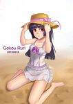  2013 absurdres adjusting_clothes adjusting_hat alternate_eye_color bangs barefoot black_hair blunt_bangs blush bow breasts character_name cleavage dated dress gokou_ruri gradient gradient_background hands_on_headwear hat hat_ribbon highres hime_cut legs lips long_hair medium_breasts ore_no_imouto_ga_konna_ni_kawaii_wake_ga_nai purple_bow red_eyes ribbon sand sitting solo sun_hat sundress wariza white_background yi_l_chen_5 
