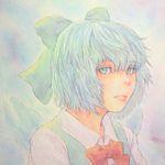  blue_hair bow cirno green_eyes hair_bow highres ice ice_wings lips looking_at_viewer portrait short_hair solo touhou traditional_media watercolor_(medium) wings yuyu_(00365676) 