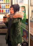  ayakii black_hair blue_eyes bow coffee_cup contemporary convenience_store cup disposable_cup hair_bow hand_in_pocket hood hooded_jacket jacket male_focus mole mole_under_eye open_mouth ponytail scarf shop solo touken_ranbu yamato-no-kami_yasusada 