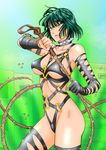  artist_request bdsm bondage bound breasts censored choker cosplay fubuki_(one-punch_man) green_eyes green_hair kaijin_hime_do-s navel o-ring one-punch_man open_mouth short_hair spikes thorns underboob weapon whip 