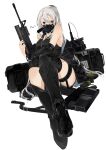  1girl artist_name assault_rifle bangs bare_shoulders black_footwear black_jacket black_shirt boots breasts brown_eyes explosive expressionless eyebrows_visible_through_hair full_body girls&#039;_frontline grenade grenade_launcher gun hair_between_eyes hair_ornament hairclip heterochromia highres holding holding_gun holding_weapon jacket jacket_removed jewelry long_hair looking_at_viewer m16 m16a1 m203 mask mechanical_arms mechanical_legs medallion necklace on_floor original ponytail red_eyes rifle scar scar_across_eye shirt silver_hair single_mechanical_arm single_mechanical_leg solo sutekina_awa thighs underbarrel_grenade_launcher weapon weapon_case white_background 